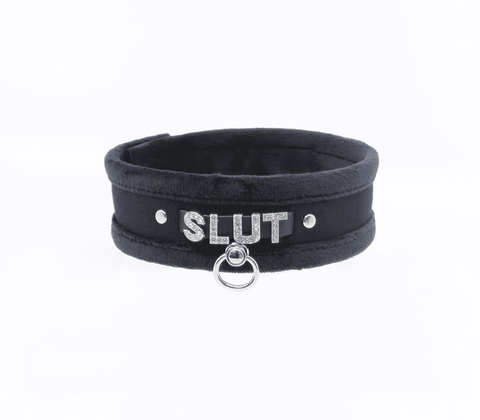 Diamante Slut Fluffy Fetish Collar by Love In Leather - Collars and Leads