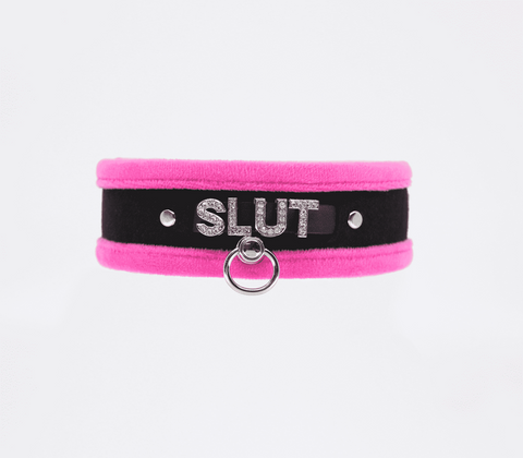 Diamante Slut Fluffy Fetish Collar by Love In Leather - Collars and Leads