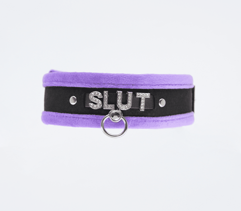 Diamante Slut Fluffy Fetish Collar by Love In Leather - Collars and Leads
