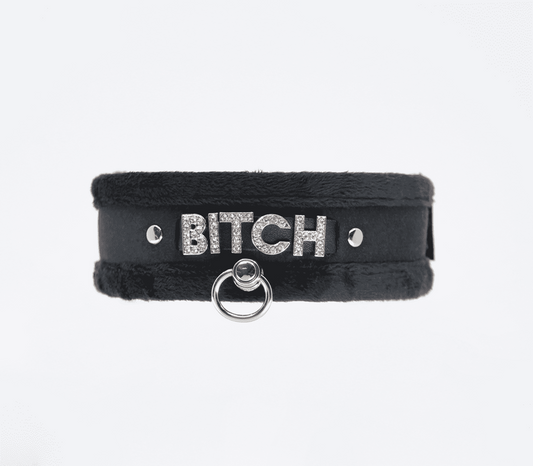 Love In Leather Diamante Bitch Fluffy Bondage Collar