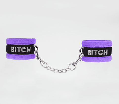 Diamante Bitch Fluffy Wrist Restraints by Love In Leather - Cuffs And Restraints