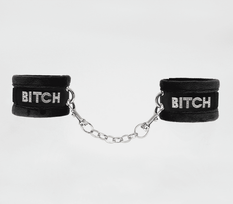 Diamante Bitch Fluffy Wrist Restraints by Love In Leather - Cuffs And Restraints