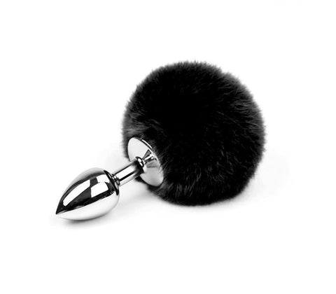 Faux Fur Bunny Tail Butt Plug Black by Love In Leather - Butt Plugs