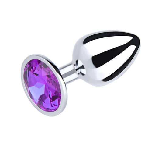 Love In Leather Metal Butt Plug With Round Gem Purple