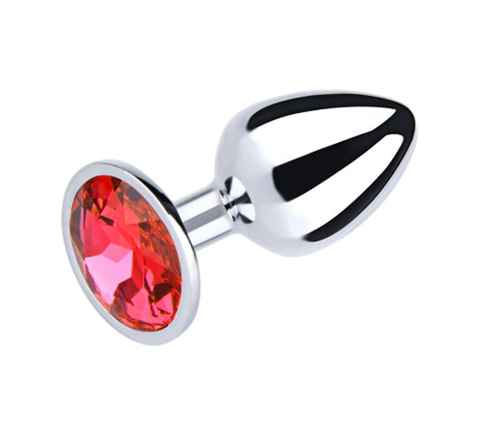 Love In Leather Metal Anal Plug With Round Gem Red