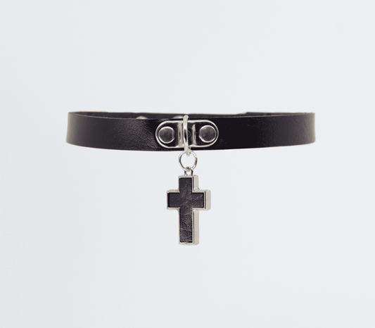 Love In Leather Cross Pendant Faux Leather Choke