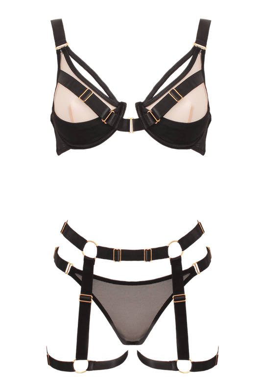 Muse Bra and Panty Set With Elastic Leg Garter Belt