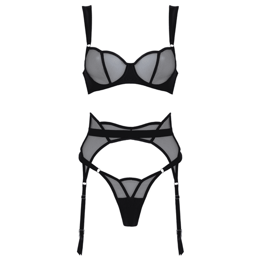 Muse 3-Piece Sheer Mesh And Satin BDSM Lingerie Black