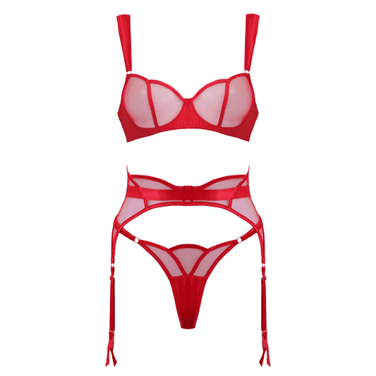 Muse 3-Piece Sheer Mesh BDSM Lingerie Set Red