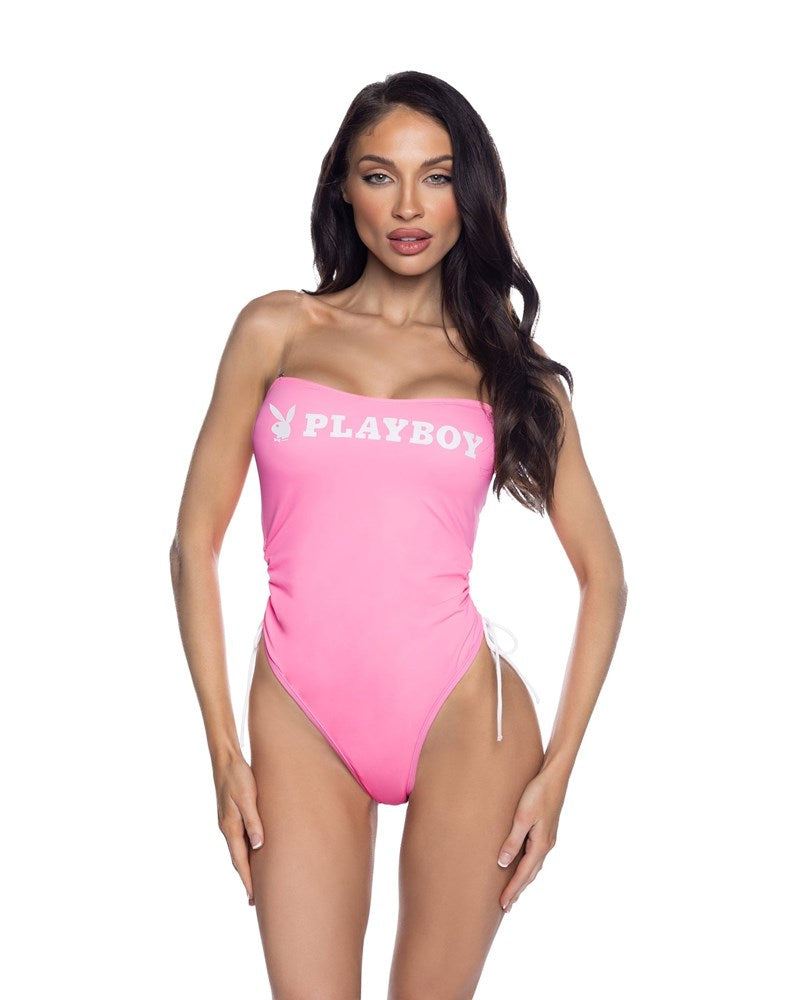 PlayBoy Pink 1 Piece Swimsuit with Ruched Side Ties - Bras and Bra Sets