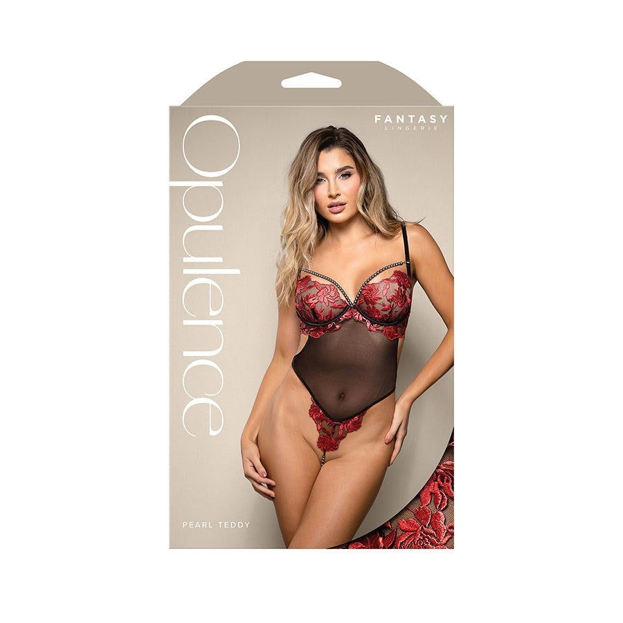 Fantasy Lingerie OPULENCE Floral Pearl Teddy Red/Black - Teddies and Bodysuits