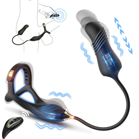 Vibrating Buckle Cock Ring With Thrusting Butt Plug - Vibrating Cock Rings