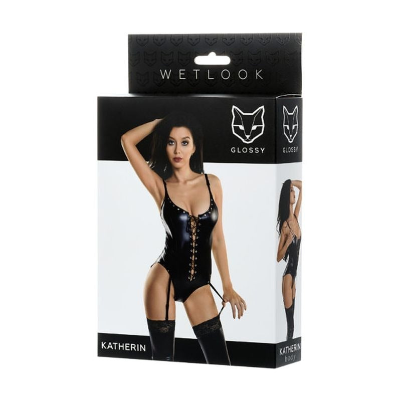 Glossy Wetlook Lace Up Bodysuit Katherin by Toyfa - Teddies and Bodysuits