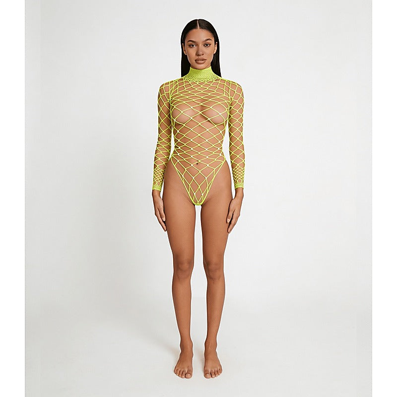 Wide Net Rhinestone Long Sleeve Bodysuit by Love In Leather - Teddies and Bodysuits