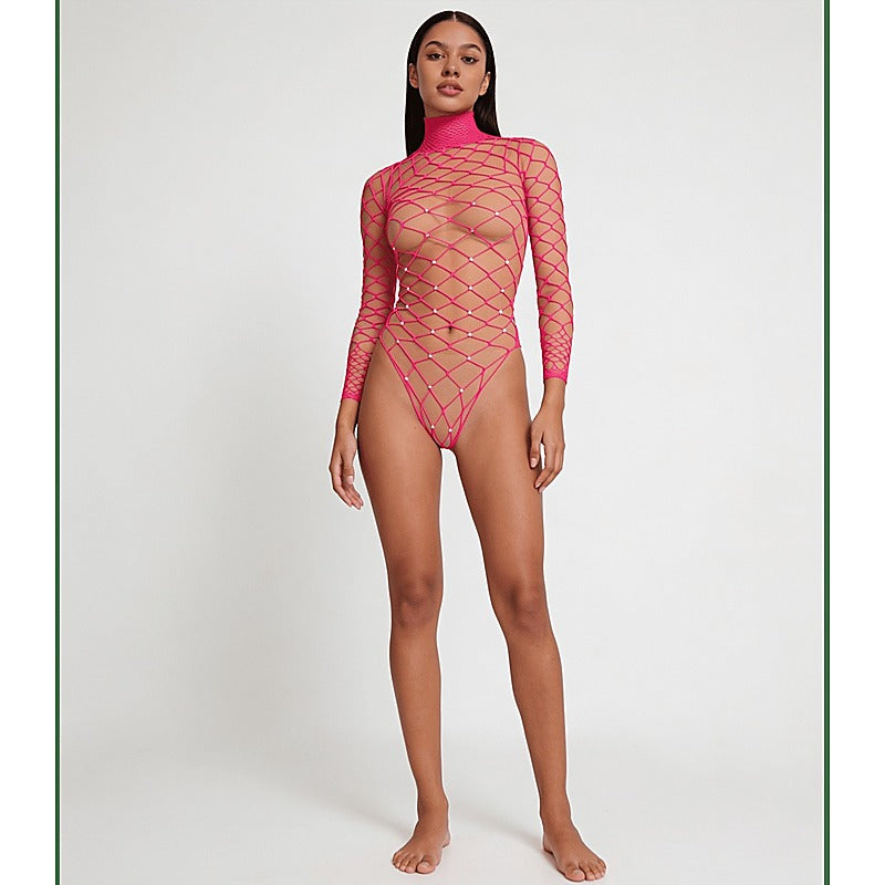 Wide Net Rhinestone Long Sleeve Bodysuit by Love In Leather - Teddies and Bodysuits