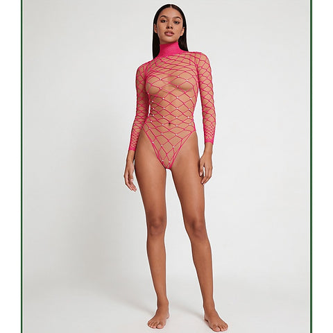 Wide Net Rhinestone Long Sleeve Bodysuit by Love In Leather - Teddies and Bodysuits
