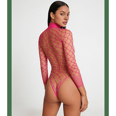 Wide Net Rhinestone Long Sleeve Bodysuit by Love In Leather - Teddies and Bodysuits