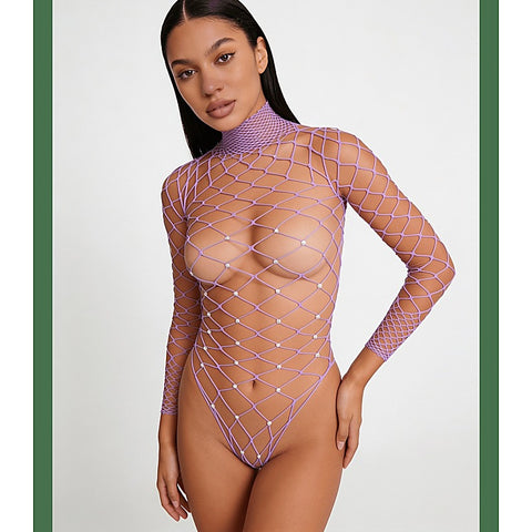 Wide Net Rhinestone Long Sleeve Bodysuit by Love In Leather - Teddies and Bodysuits