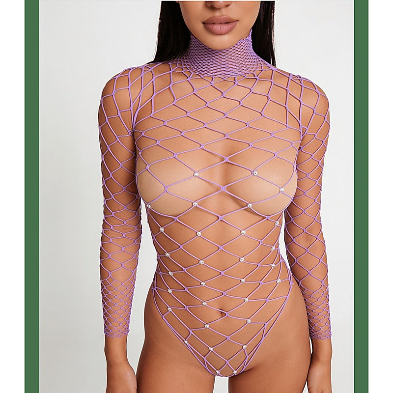 Wide Net Rhinestone Long Sleeve Bodysuit by Love In Leather - Teddies and Bodysuits