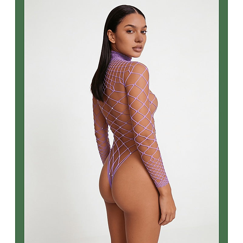 Wide Net Rhinestone Long Sleeve Bodysuit by Love In Leather - Teddies and Bodysuits