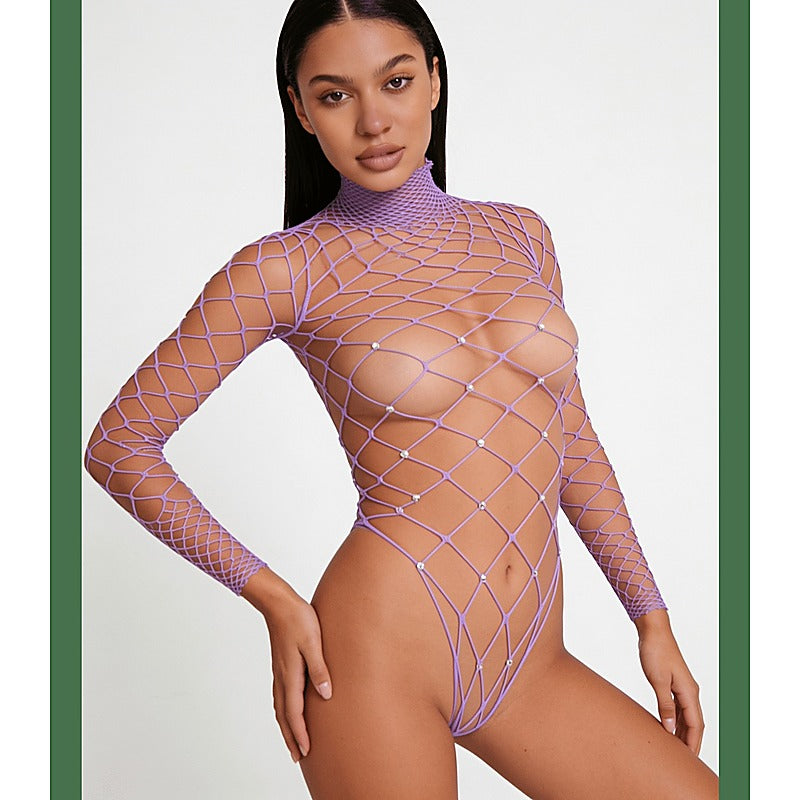 Wide Net Rhinestone Long Sleeve Bodysuit by Love In Leather - Teddies and Bodysuits