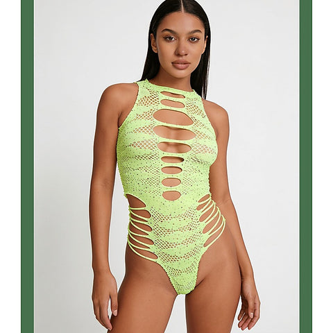 Strappy Rhinestone Sleeveless Bodysuit by Love In Leather - Teddies and Bodysuits