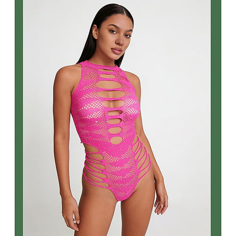 Strappy Rhinestone Sleeveless Bodysuit by Love In Leather - Teddies and Bodysuits