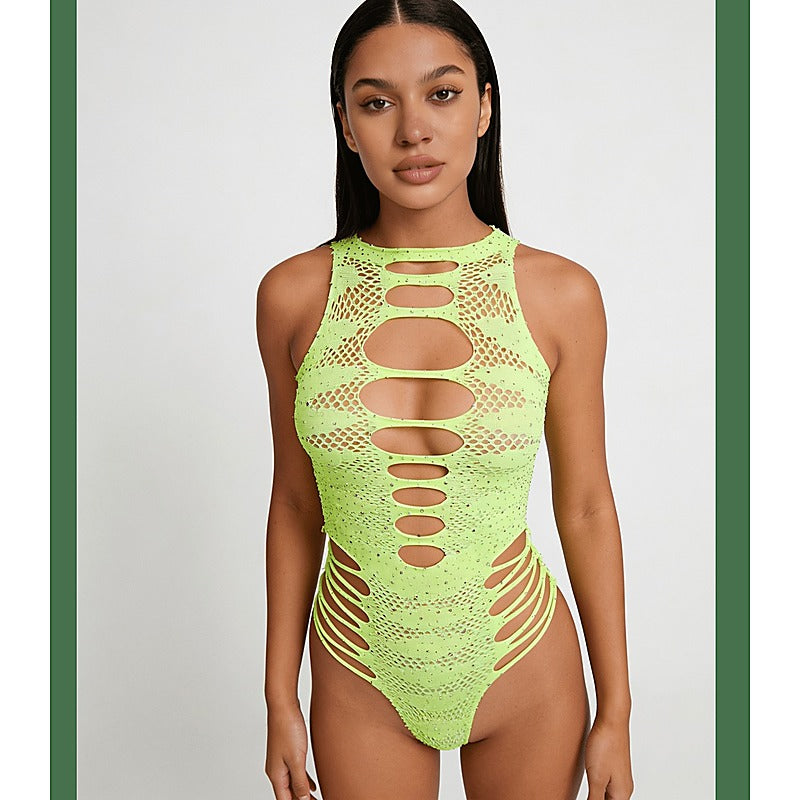 Strappy Rhinestone Sleeveless Bodysuit by Love In Leather - Teddies and Bodysuits
