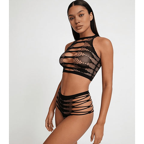 Strappy Two Piece Lingerie Set by Love In Leather - Bras and Bra Sets