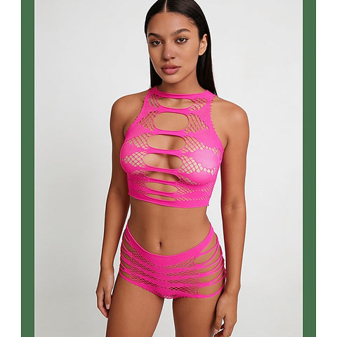 Strappy Two Piece Lingerie Set by Love In Leather - Bras and Bra Sets