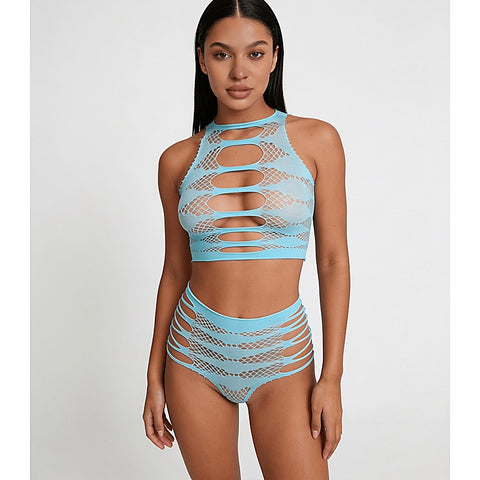 Strappy Two Piece Lingerie Set by Love In Leather - Bras and Bra Sets