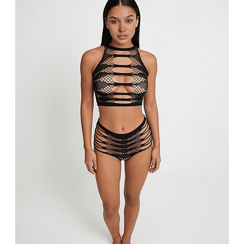 Strappy Two Piece Lingerie Set by Love In Leather - Bras and Bra Sets