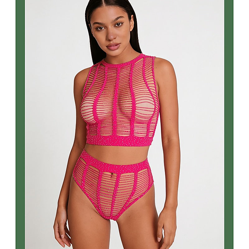 Rhinestone Two Piece Lingerie Set by Love In Leather - Bras and Bra Sets