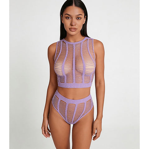 Rhinestone Two Piece Lingerie Set by Love In Leather - Bras and Bra Sets