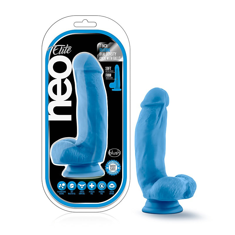 Neo Elite Silicone Dual Density Cock with Balls Neon Blue - Realistic Dildos