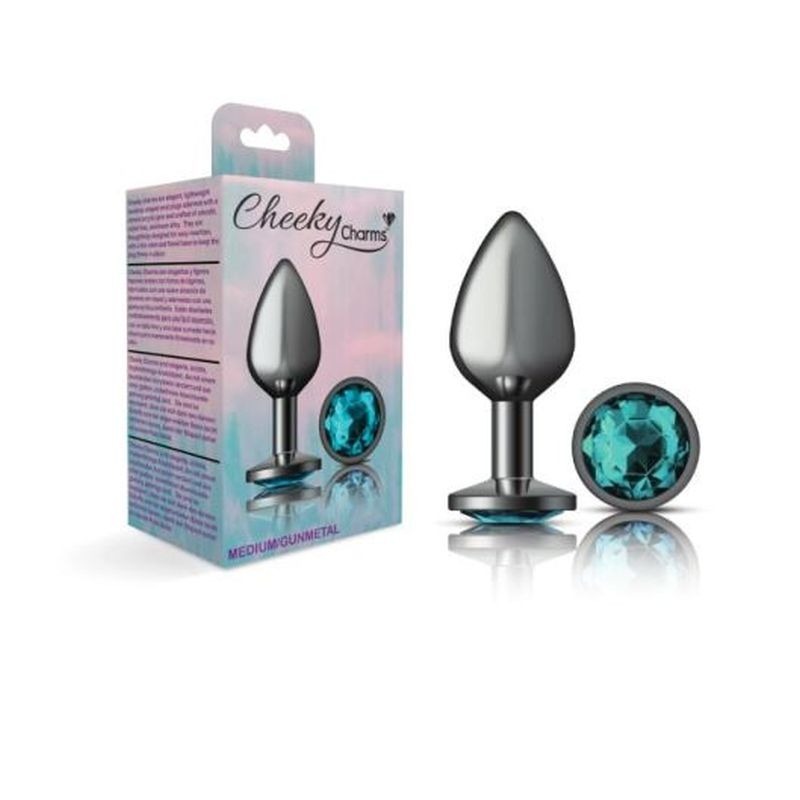 Cheeky Charms Gunmetal Round Butt Plug w/ Jewel Teal - Butt Plugs