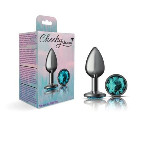 Cheeky Charms Gunmetal Round Butt Plug w/ Jewel Teal - Butt Plugs