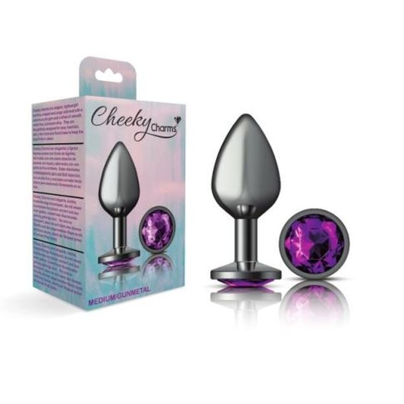 Cheeky Charms Gunmetal Round Butt Plug w/ Jewel Purple - Butt Plugs