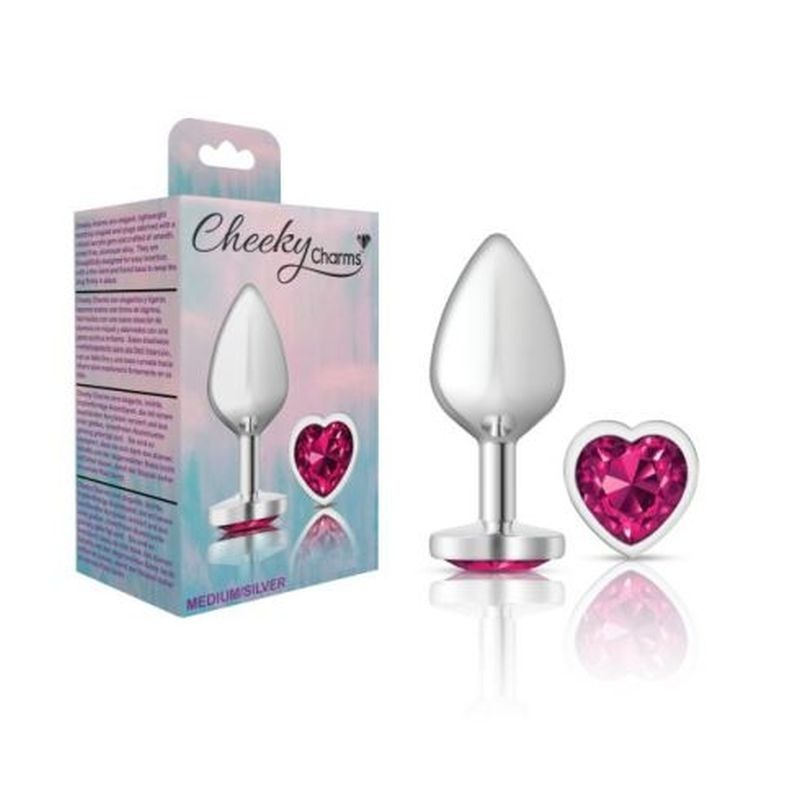 Cheeky Charms Silver Metal Butt Plug With Heart Pink Jewel - Butt Plugs