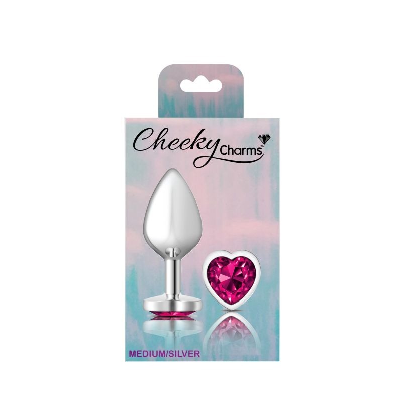 Cheeky Charms Silver Metal Butt Plug With Heart Pink Jewel - Butt Plugs
