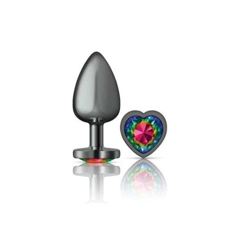 Cheeky Charms Gunmetal Butt Plug w/ Heart Jewel Rainbow - Butt Plugs