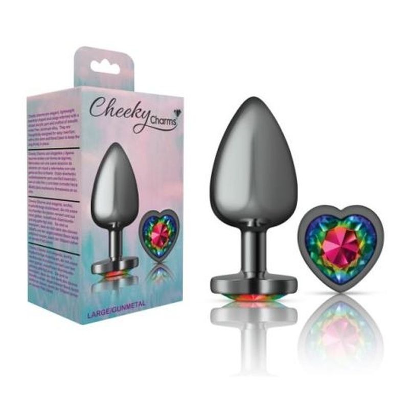 Cheeky Charms Gunmetal Butt Plug w/ Heart Jewel Rainbow - Butt Plugs