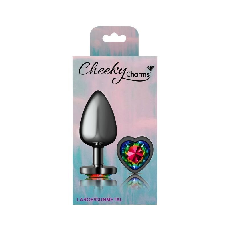 Cheeky Charms Gunmetal Butt Plug w/ Heart Jewel Rainbow - Butt Plugs