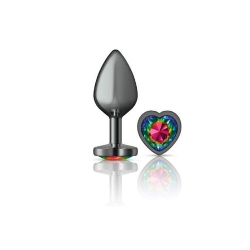 Cheeky Charms Gunmetal Butt Plug w/ Heart Jewel Rainbow - Butt Plugs