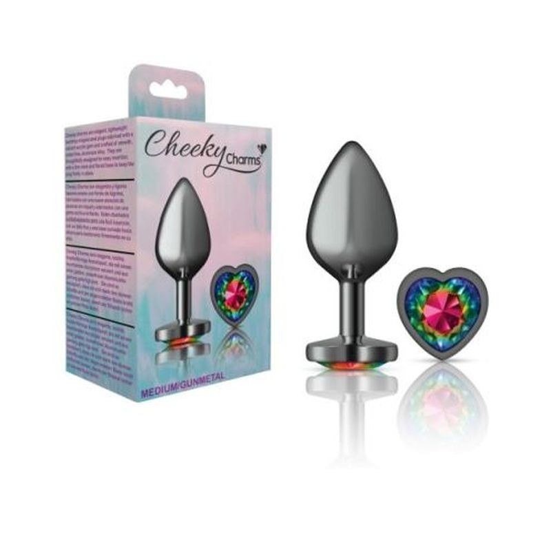 Cheeky Charms Gunmetal Butt Plug w/ Heart Jewel Rainbow - Butt Plugs