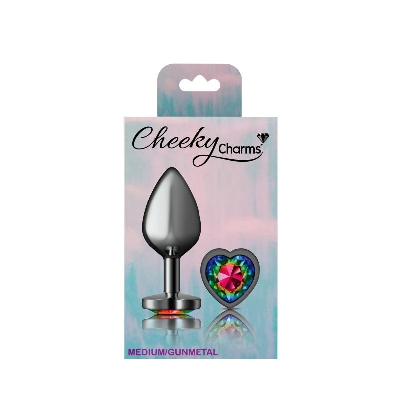 Cheeky Charms Gunmetal Butt Plug w/ Heart Jewel Rainbow - Butt Plugs