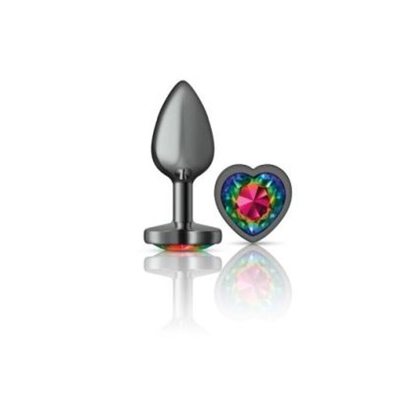 Cheeky Charms Gunmetal Butt Plug w/ Heart Jewel Rainbow - Butt Plugs
