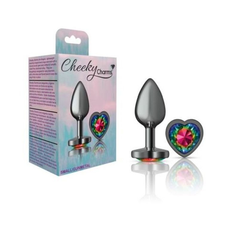 Cheeky Charms Gunmetal Butt Plug w/ Heart Jewel Rainbow - Butt Plugs