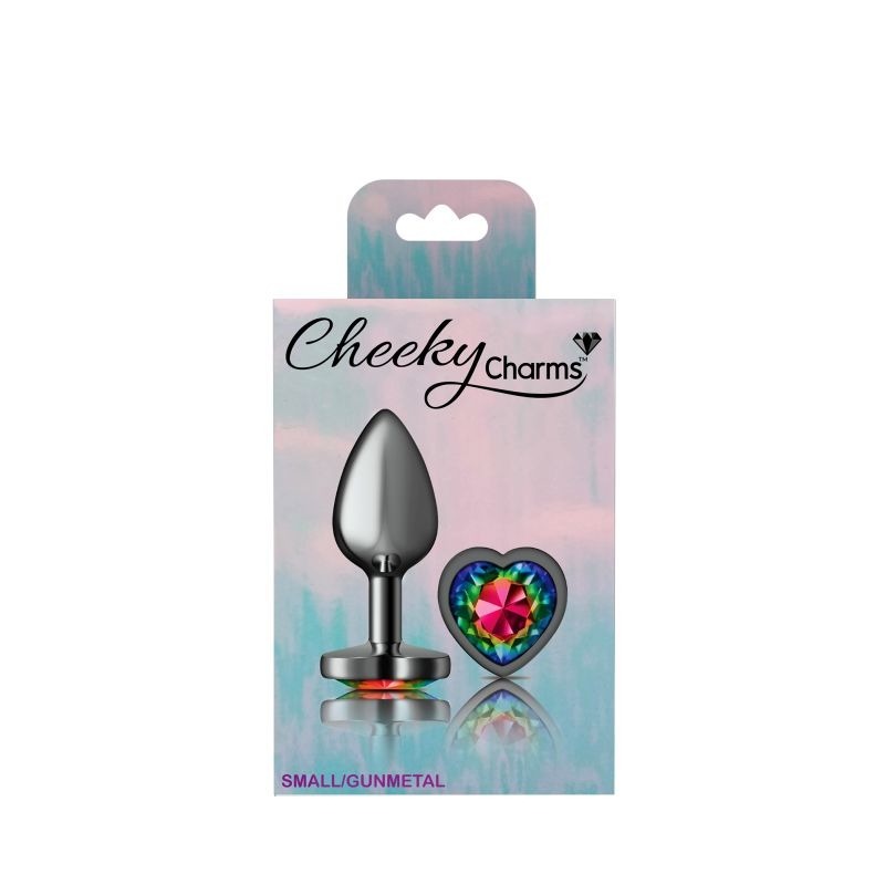 Cheeky Charms Gunmetal Butt Plug w/ Heart Jewel Rainbow - Butt Plugs