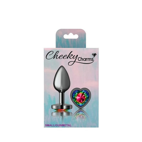 Cheeky Charms Gunmetal Butt Plug w/ Heart Jewel Rainbow - Butt Plugs